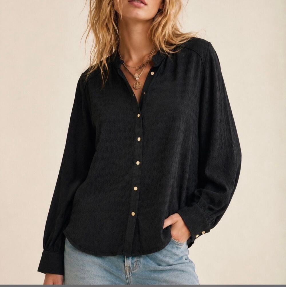 Sezane Blouse Women's Large Black Button Front Mandarin Collar Long-Sleeve